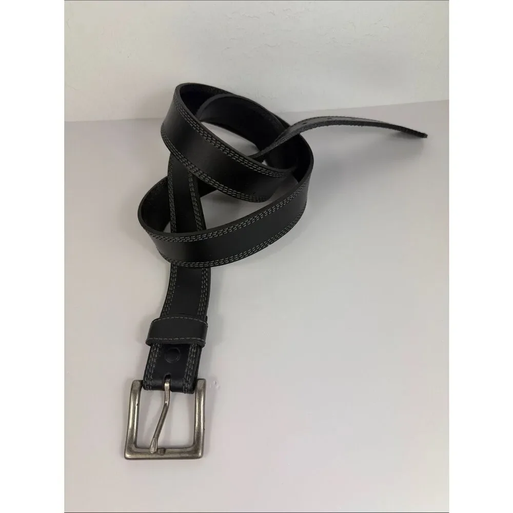 Black Genuine Leather Belt Gray Stitching Silver Buckle Size 46